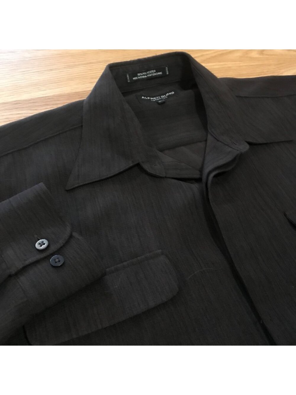 Alfred Sung Dress Shirt Men Lg Black Long Sleeve Hidden Button Up